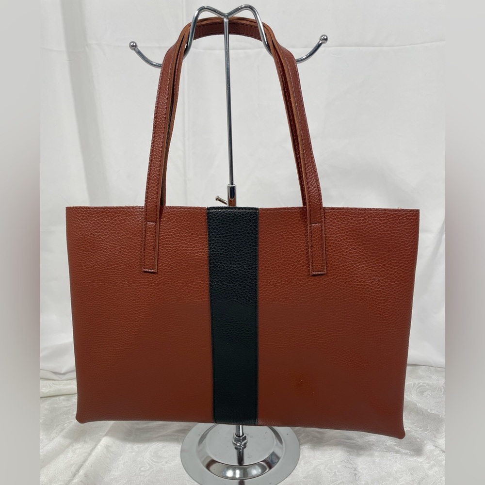 Vince Camuto Luck Brown and Black Pebbled Vegan Leather Tote Bag.